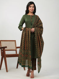 Thumbnail for Janasya Straight Cambric Green Ethnic Motifs Notch Neck Set