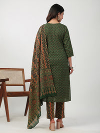 Thumbnail for Janasya Straight Cambric Green Ethnic Motifs Notch Neck Set