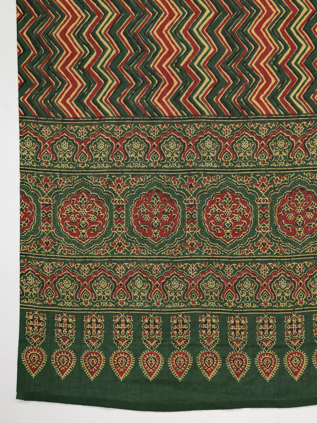 Janasya Straight Cambric Green Ethnic Motifs Notch Neck Set