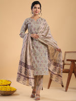 Thumbnail for Janasya Regular Cotton Cream Floral Notch Neck Kurta,Bottom & Dupatta - Distacart