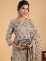 Thumbnail for Janasya Regular Cotton Cream Floral Notch Neck Kurta,Bottom & Dupatta - Distacart