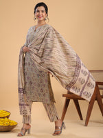 Thumbnail for Janasya Regular Cotton Cream Floral Notch Neck Kurta,Bottom & Dupatta - Distacart