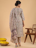 Thumbnail for Janasya Regular Cotton Cream Floral Notch Neck Kurta,Bottom & Dupatta - Distacart
