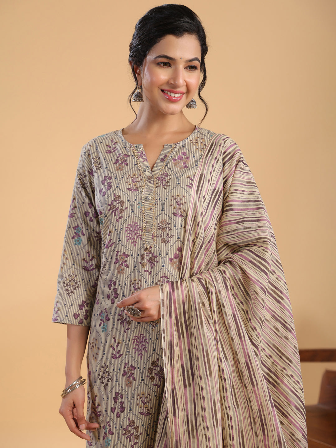 Janasya Regular Cotton Cream Floral Notch Neck Kurta,Bottom & Dupatta - Distacart