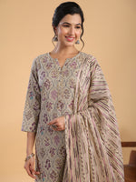 Thumbnail for Janasya Regular Cotton Cream Floral Notch Neck Kurta,Bottom & Dupatta - Distacart
