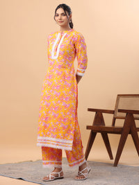 Thumbnail for Janasya Straight Cambric Orange Floral Band Collar Kurta & Bottom