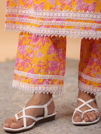 Thumbnail for Janasya Straight Cambric Orange Floral Band Collar Kurta & Bottom
