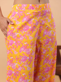 Thumbnail for Janasya Straight Cambric Orange Floral Band Collar Kurta & Bottom