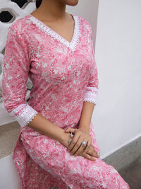 Thumbnail for Janasya Regular Cambric Pink Floral V-Neck Kurta Set