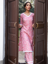 Thumbnail for Janasya Regular Cambric Pink Floral V-Neck Kurta Set