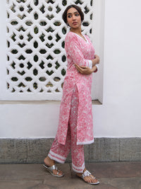 Thumbnail for Janasya Regular Cambric Pink Floral V-Neck Kurta Set