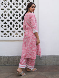 Thumbnail for Janasya Regular Cambric Pink Floral V-Neck Kurta Set