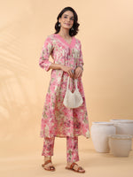 Thumbnail for Janasya Gathered Cambric Cream Abstract V-Neck Kurta & Bottom - Distacart