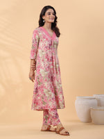 Thumbnail for Janasya Gathered Cambric Cream Abstract V-Neck Kurta & Bottom - Distacart