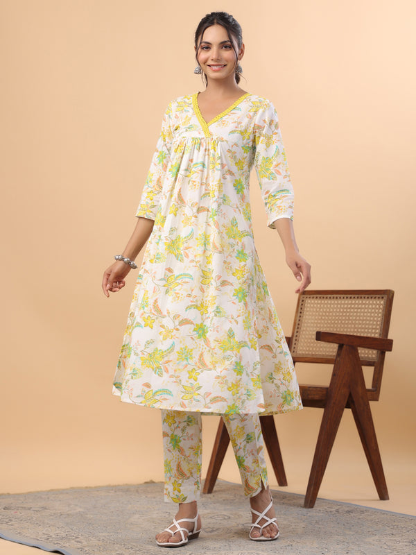 Janasya A-Line Cambric White Floral V-Neck Set - Distacart