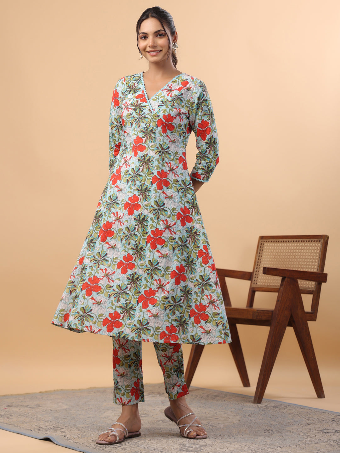 Janasya A-Line Cambric Blue Floral V-Neck Kurta & Bottom - Distacart