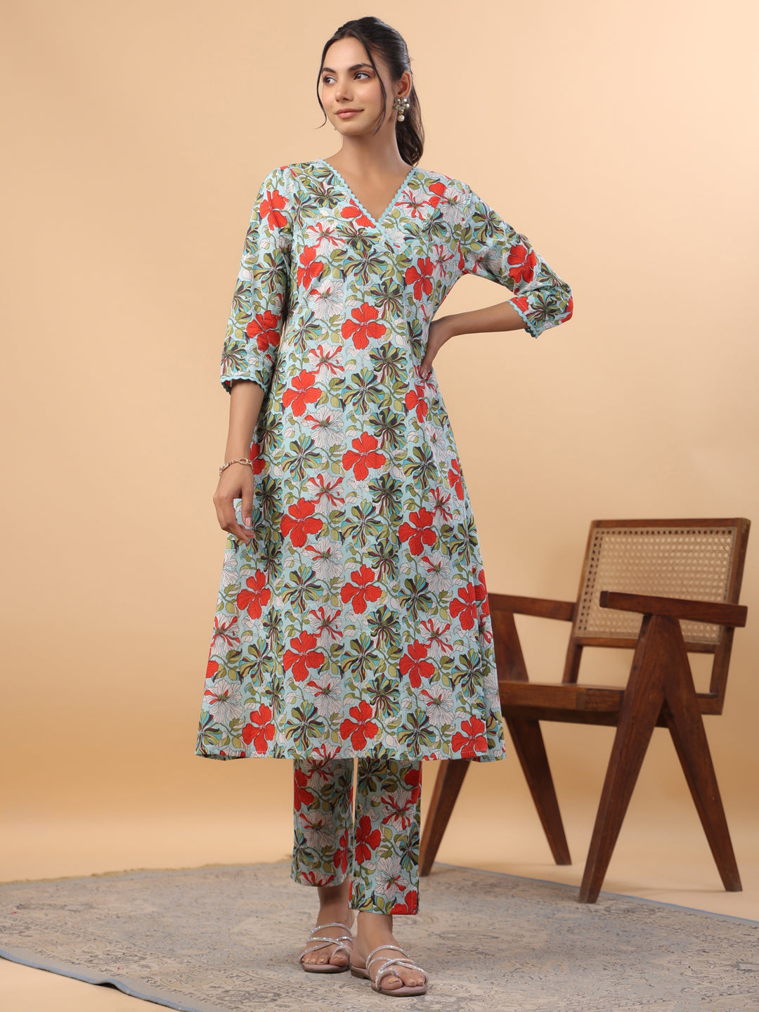 Janasya A-Line Cambric Blue Floral V-Neck Kurta & Bottom - Distacart