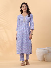 Thumbnail for Janasya Regular Cambric Ice Blue Floral V-Neck Kurta Set