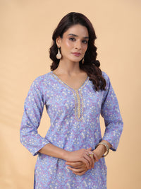 Thumbnail for Janasya Regular Cambric Ice Blue Floral V-Neck Kurta Set