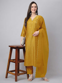 Thumbnail for Janasya Regular Chinnon Mustard Ethnic Motifs V-Neck Kurta,Bottom & Dupatta