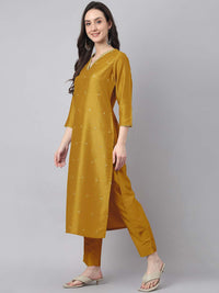 Thumbnail for Janasya Regular Chinnon Mustard Ethnic Motifs V-Neck Kurta,Bottom & Dupatta