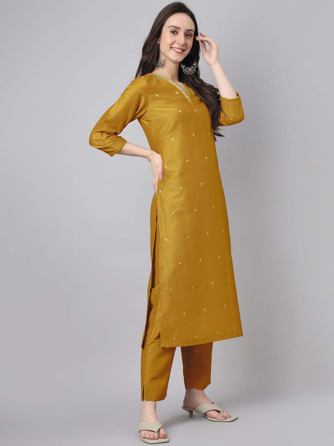 Janasya Regular Chinnon Mustard Ethnic Motifs V-Neck Kurta,Bottom & Dupatta