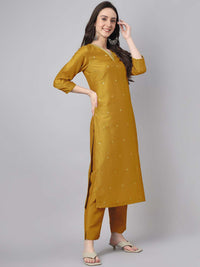 Thumbnail for Janasya Regular Chinnon Mustard Ethnic Motifs V-Neck Kurta,Bottom & Dupatta