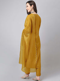 Thumbnail for Janasya Regular Chinnon Mustard Ethnic Motifs V-Neck Kurta,Bottom & Dupatta