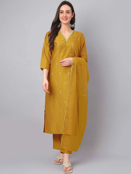 Janasya Regular Chinnon Mustard Ethnic Motifs V-Neck Kurta,Bottom & Dupatta