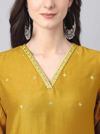 Thumbnail for Janasya Regular Chinnon Mustard Ethnic Motifs V-Neck Kurta,Bottom & Dupatta