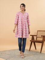 Thumbnail for Janasya Pink Cambric Geometric Tunic - Distacart