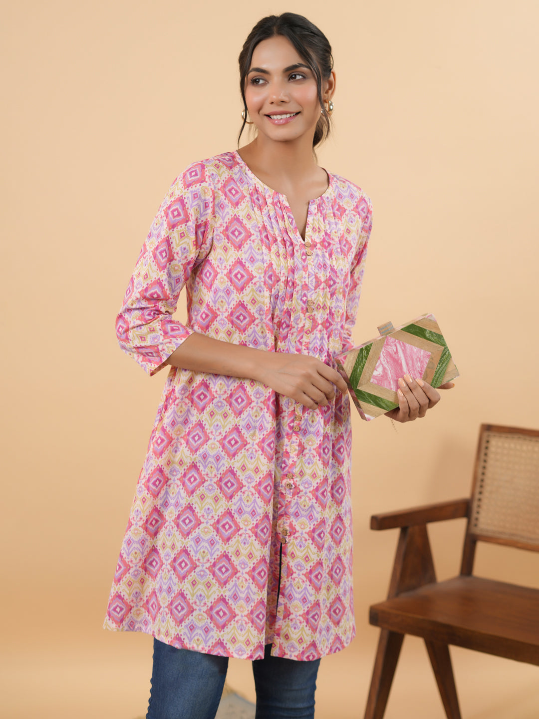 Janasya Pink Cambric Geometric Tunic - Distacart