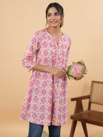 Thumbnail for Janasya Pink Cambric Geometric Tunic - Distacart