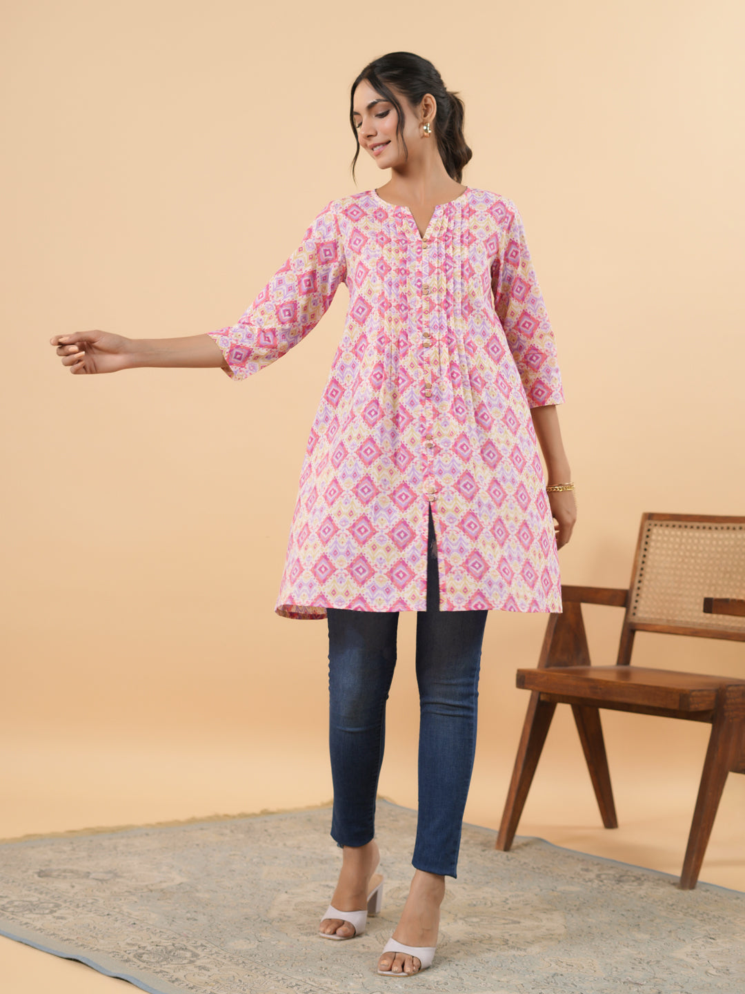Janasya Pink Cambric Geometric Tunic - Distacart