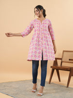 Thumbnail for Janasya Pink Cambric Geometric Tunic - Distacart