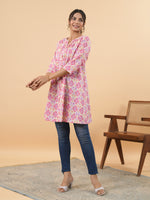 Thumbnail for Janasya Pink Cambric Geometric Tunic - Distacart