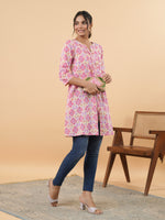 Thumbnail for Janasya Pink Cambric Geometric Tunic - Distacart