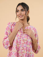 Thumbnail for Janasya Pink Cambric Geometric Tunic - Distacart