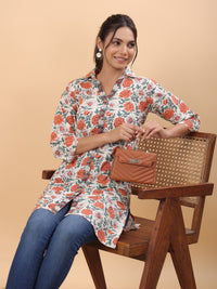 Thumbnail for Janasya Regular Cambric Cream Floral Collar Tunic