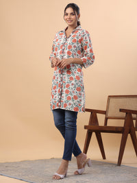 Thumbnail for Janasya Regular Cambric Cream Floral Collar Tunic
