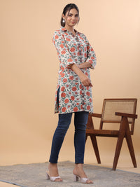 Thumbnail for Janasya Regular Cambric Cream Floral Collar Tunic