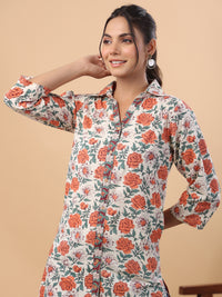 Thumbnail for Janasya Regular Cambric Cream Floral Collar Tunic