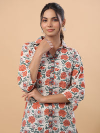 Thumbnail for Janasya Regular Cambric Cream Floral Collar Tunic