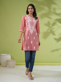 Thumbnail for Janasya Straight Cambric Beige Embroidered Round Neck Tunic