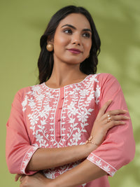 Thumbnail for Janasya Straight Cambric Beige Embroidered Round Neck Tunic
