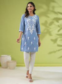 Thumbnail for Janasya Straight Cambric Blue Embroidered Round Neck Tunic