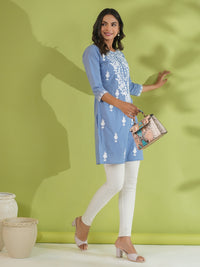 Thumbnail for Janasya Straight Cambric Blue Embroidered Round Neck Tunic