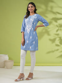 Thumbnail for Janasya Straight Cambric Blue Embroidered Round Neck Tunic