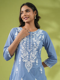 Thumbnail for Janasya Straight Cambric Blue Embroidered Round Neck Tunic
