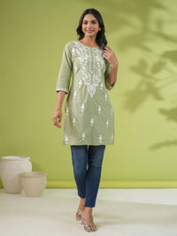 Thumbnail for Janasya Regular Cambric Sage Embroidered Round Neck Tunic